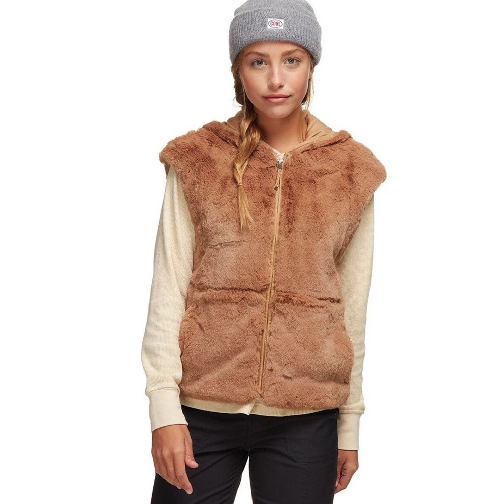 Patagonia Lunar Frost Hooded Vest Barefoot Tan Women's Faux Fur Soft Teddy Sz Sm
